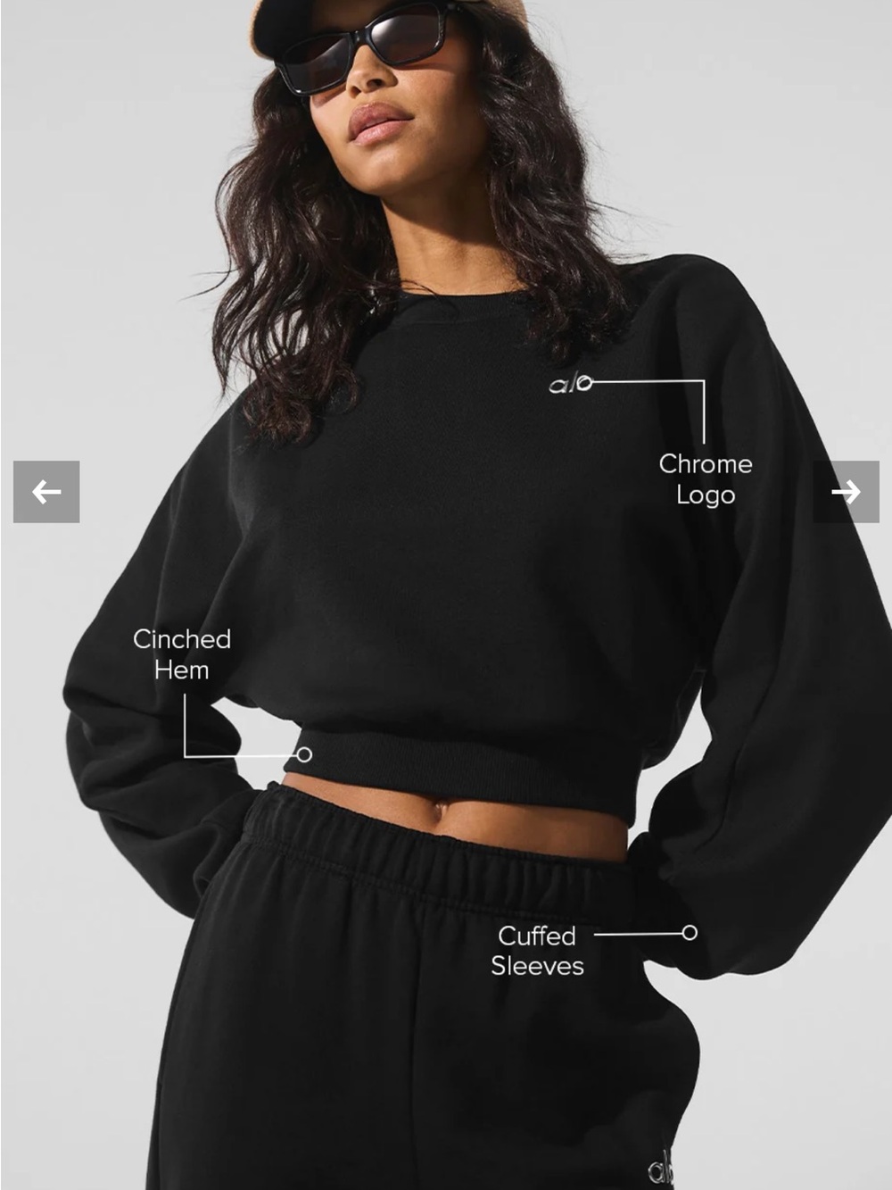 ALO Yoga Black Cropped Crew Sweatshirt with Chrome Logo